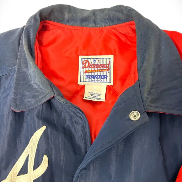 Vintage Atlanta Braves Starter Jacket Diamond Collection Satin Navy Red Size L - Picture 4 of 5